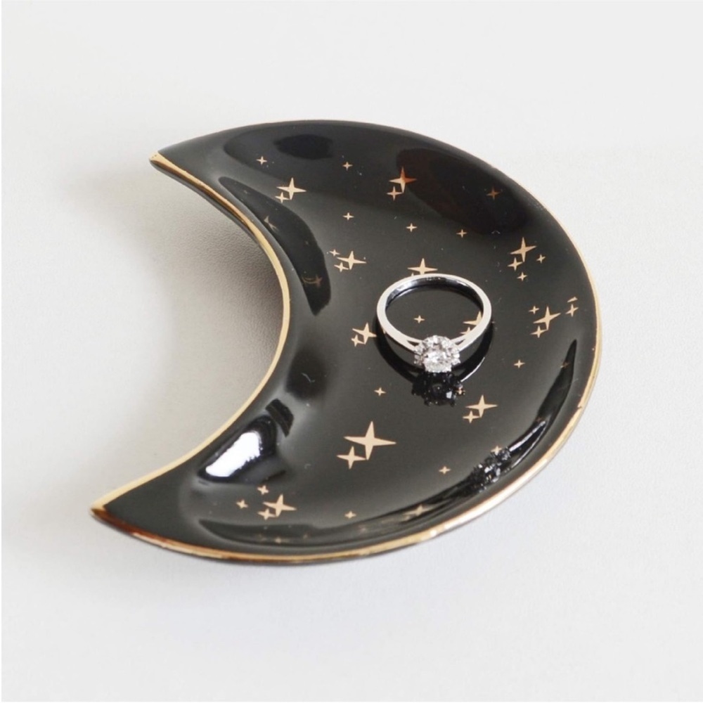 Astrology Star Black Gold Moon Jewelry Trinket Ring Dish Ceramic Glass Holder